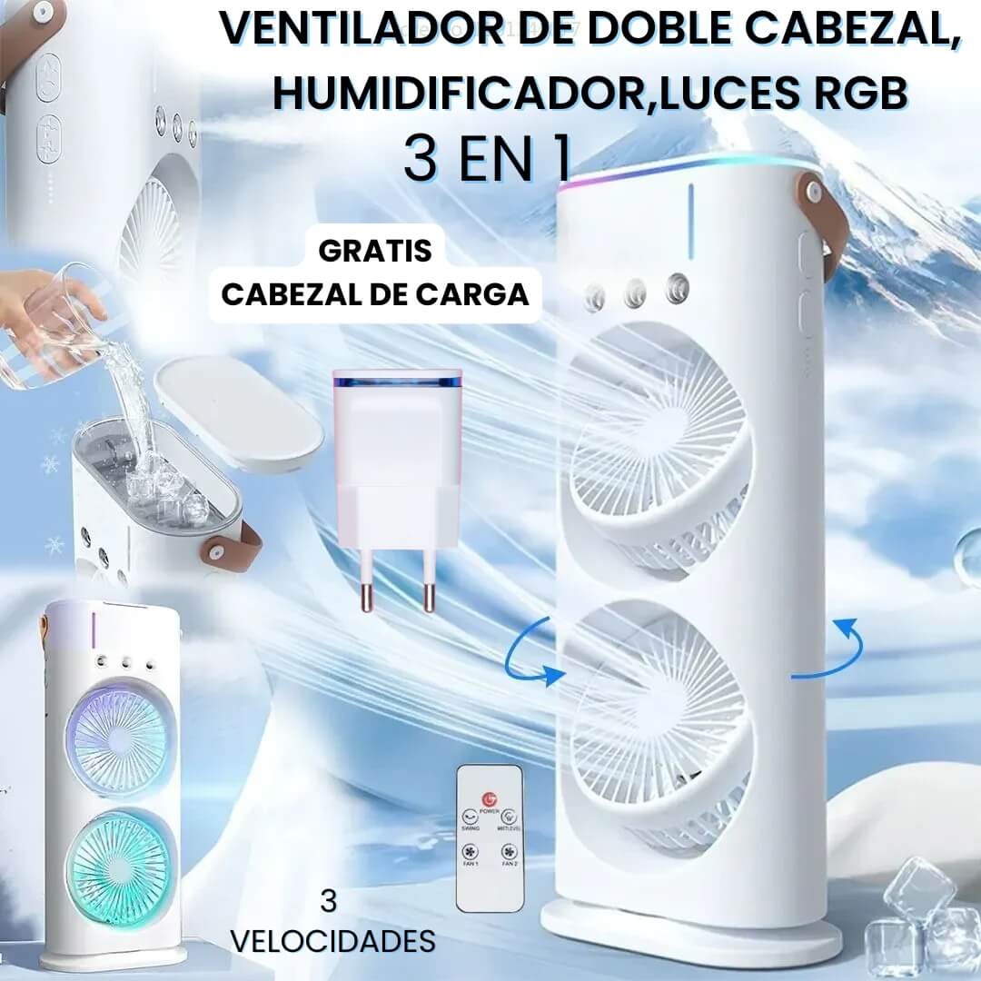"BREEZY PLUS" Ventilador Doble con Humidificador y Luces RGB.