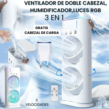 "BREEZY PLUS" Ventilador Doble con Humidificador y Luces RGB.